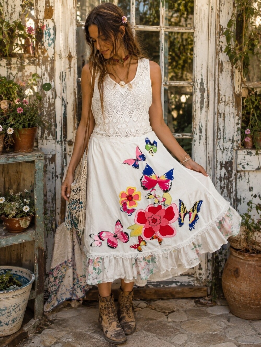 OOAK Artisanal Upcycled Butterfly Floral Patchwork Midi Skirt Ruffle Hem